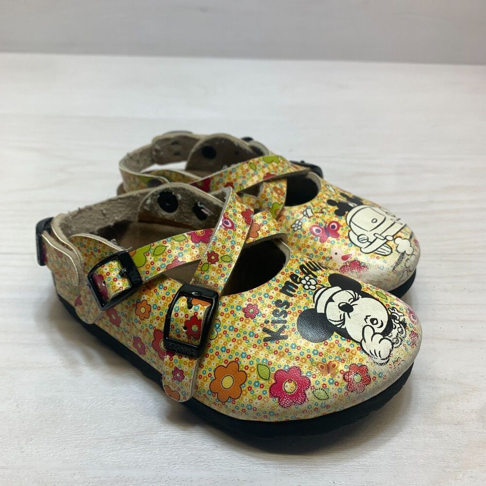 Birkenstock Mary Jane Clogs Kids Size 9 Yellow Floral Minnie Mouse Kiss Me